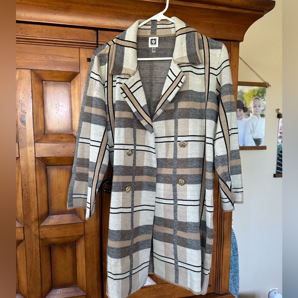 Anne Klein Tan and Black Plaid Trench Coat